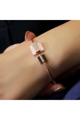 Pink Quartz Zirkon Taşlı Rose Altın Kelepçe Bilezik