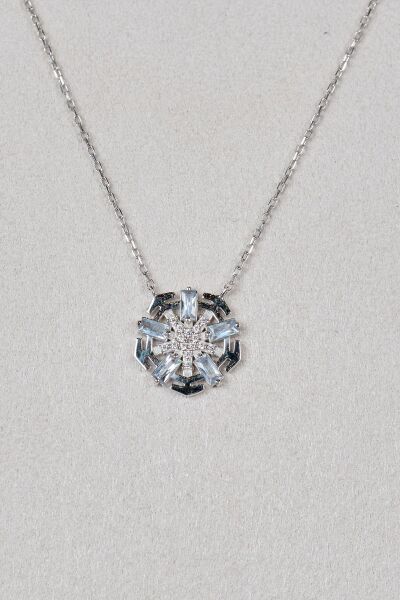 Aquamarine Ve Zirkon Baget Taşlı Beyaz Altın Kolye