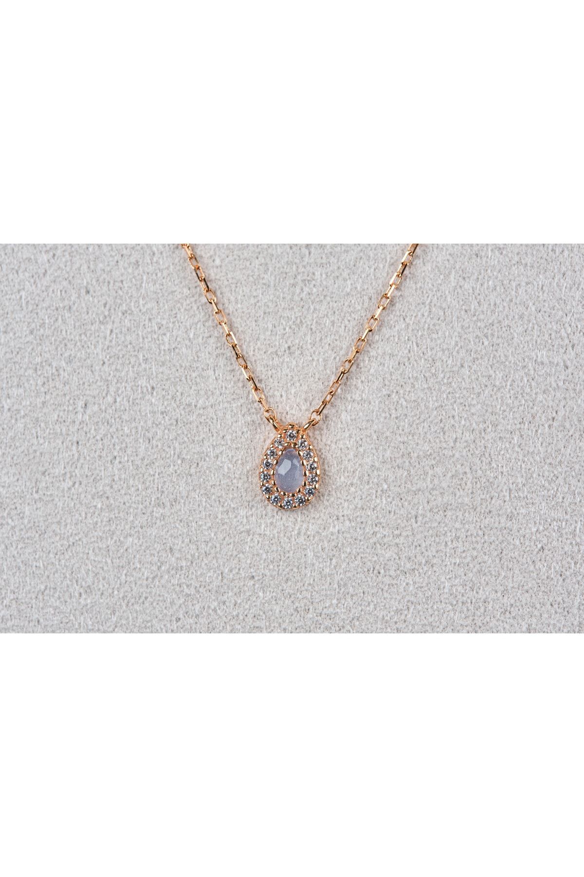 Pink Quartz Ve Zirkon Taşlı Damla Rose Altın Kolye