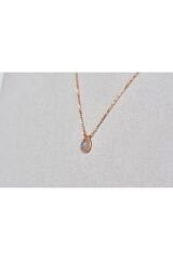 Pink Quartz Ve Zirkon Taşlı Damla Rose Altın Kolye