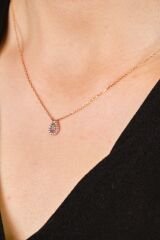 Pink Quartz Ve Zirkon Taşlı Damla Rose Altın Kolye