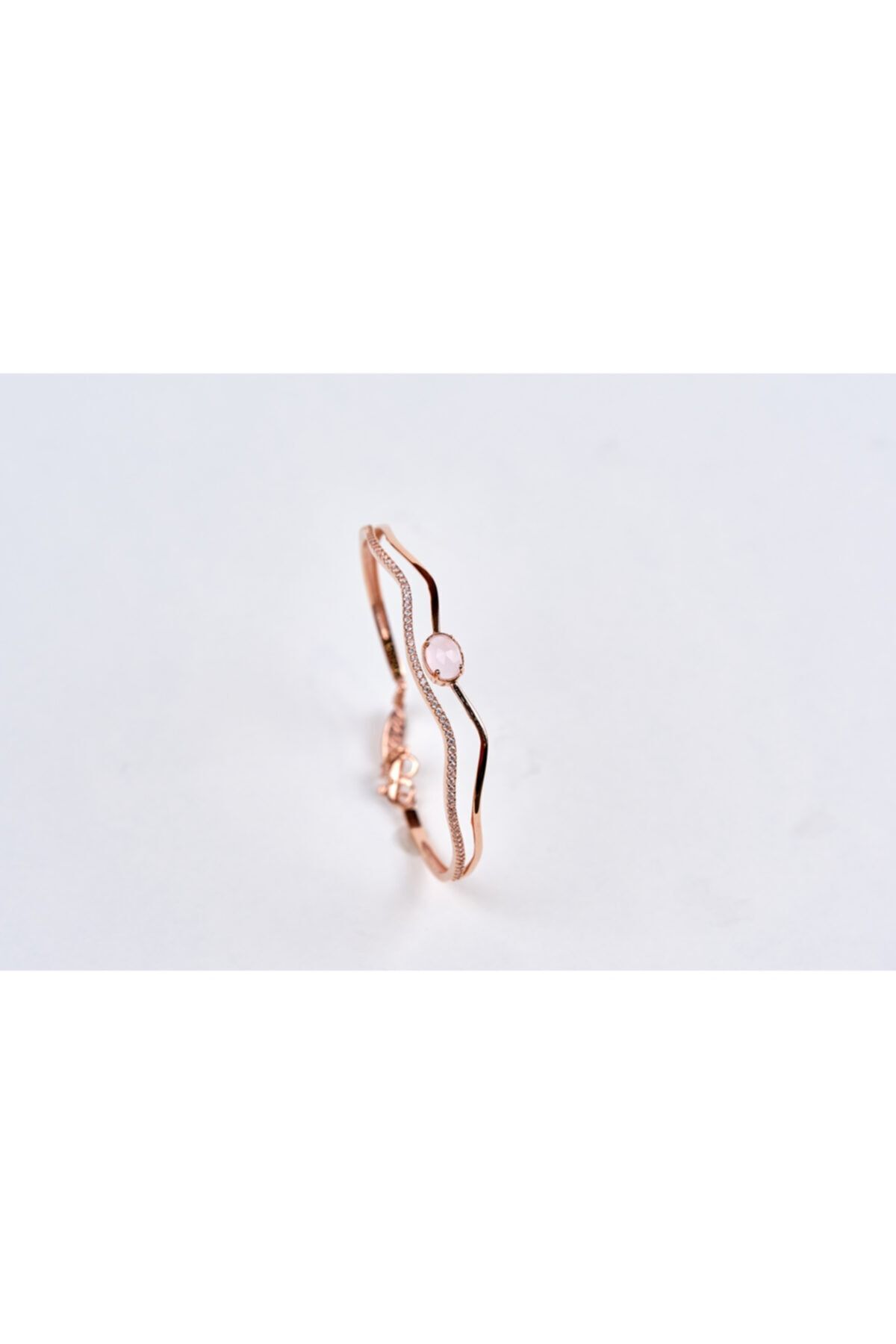 Pink Quartz Ve Zirkon Taşlı Rose Altın Kelepçe Bilezik