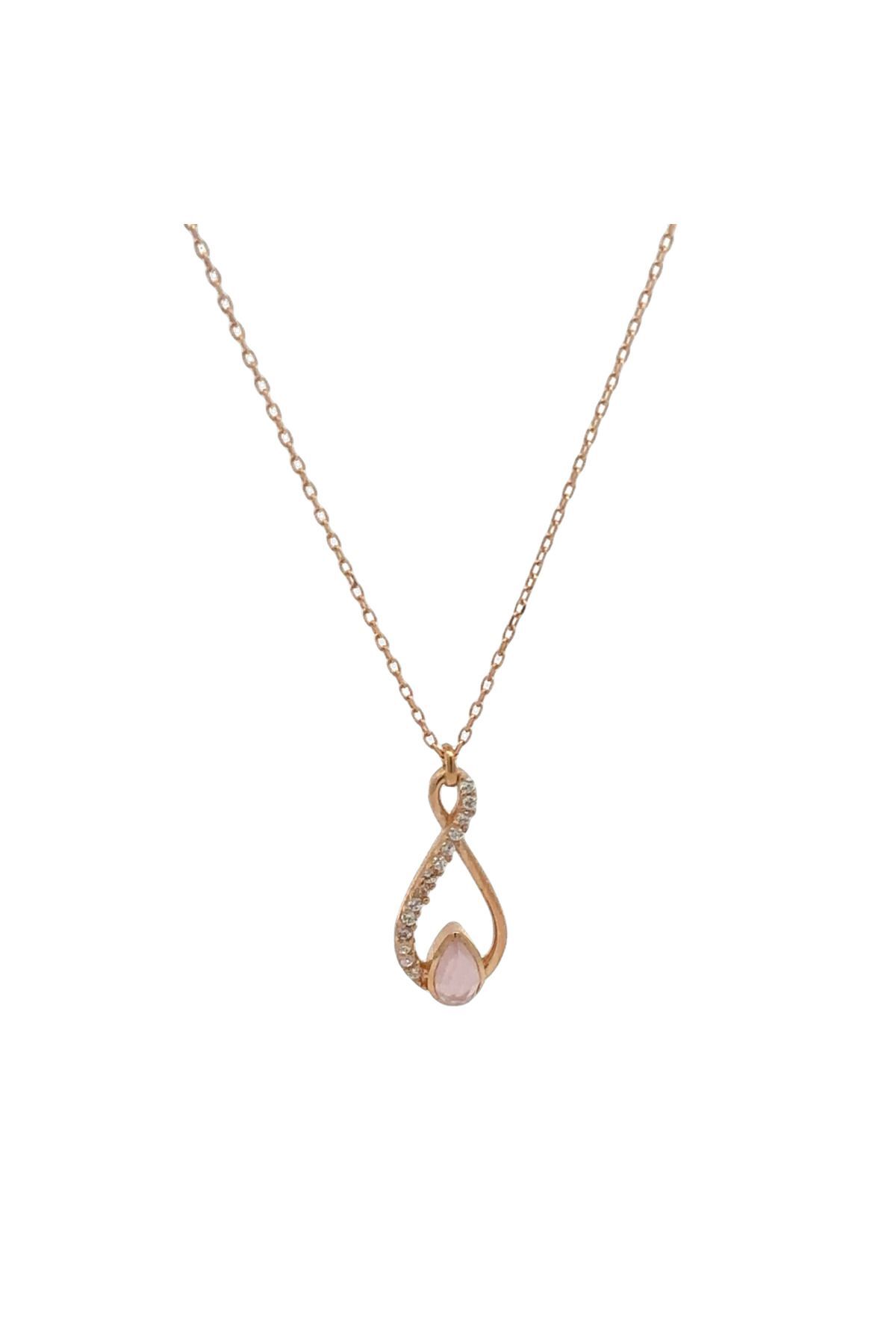 Pink Quartz Taş Detaylı Modern Rose Altın Kolye