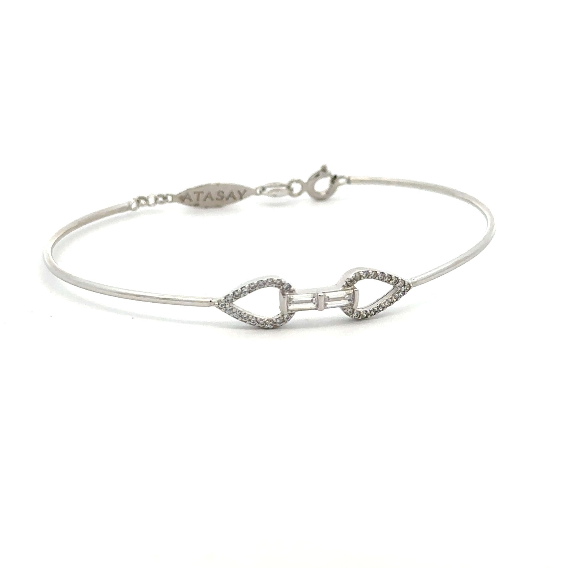 Zirkon Taşlı Damla Figürlü İnce Şık Beyaz Altın Kelepçe Bilezik