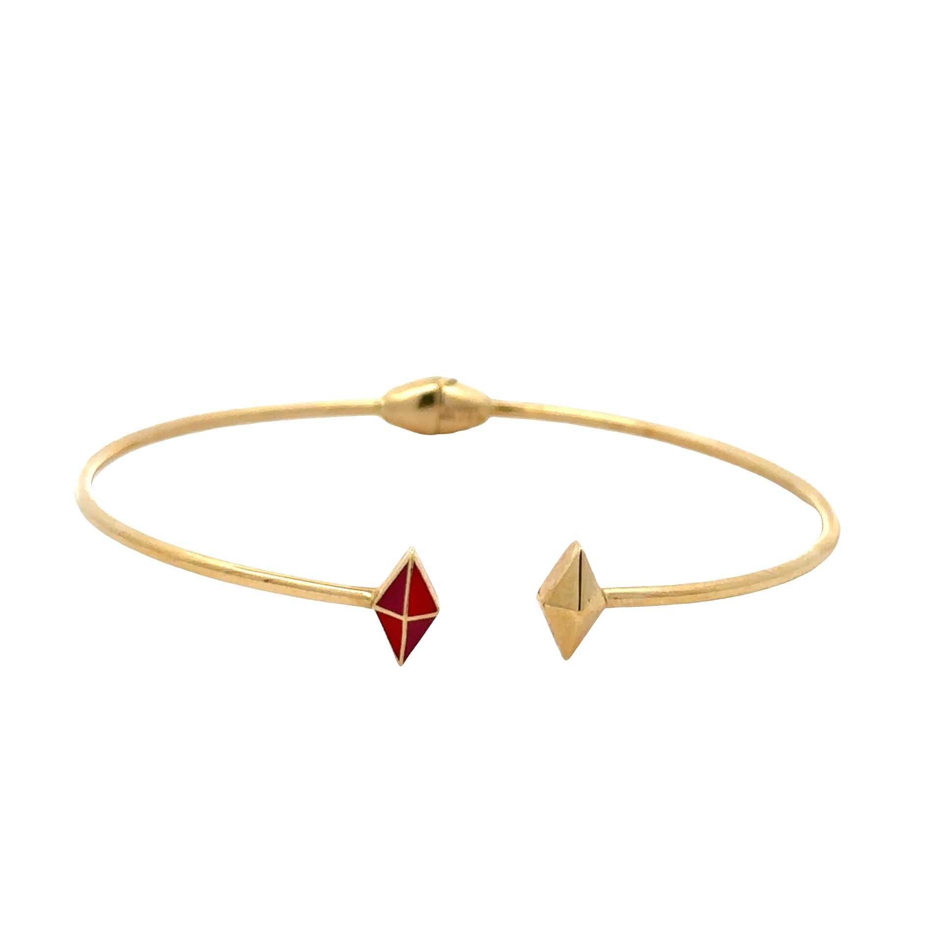 Modern Ve Zarif Tarz Kırmızı Mine Detaylı Yeşil Altın Kelepçe Bilezik